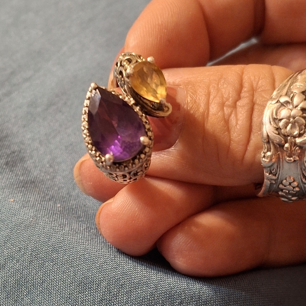 Amethyst and Citrine ring .925 Sterling silver and 18kt yellow gold sz 6